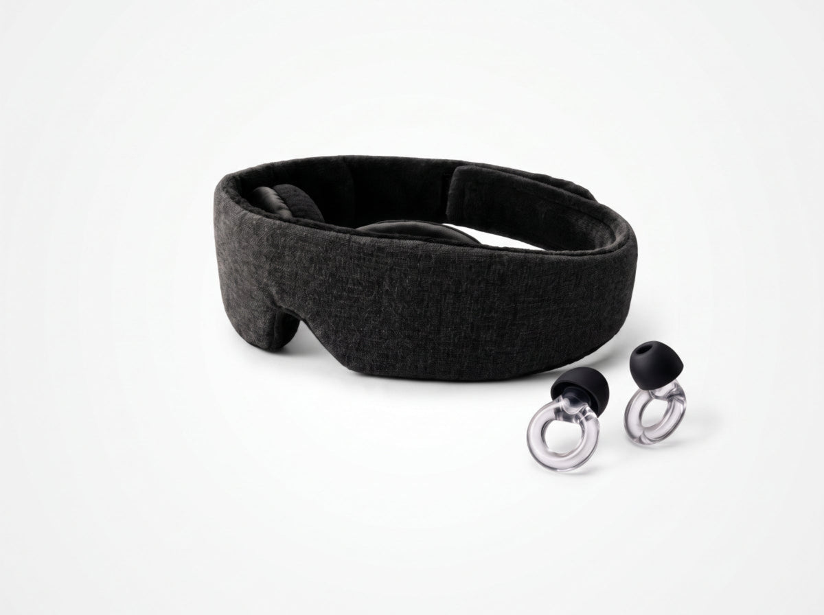 SENKOKU dark grey padded sleep mask with transparent HALO acoustic earplugs and black tips