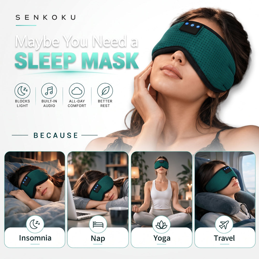SENKOKU green Bluetooth sleep mask infographic showing uses for insomnia, naps, yoga, and travel with built-in audio