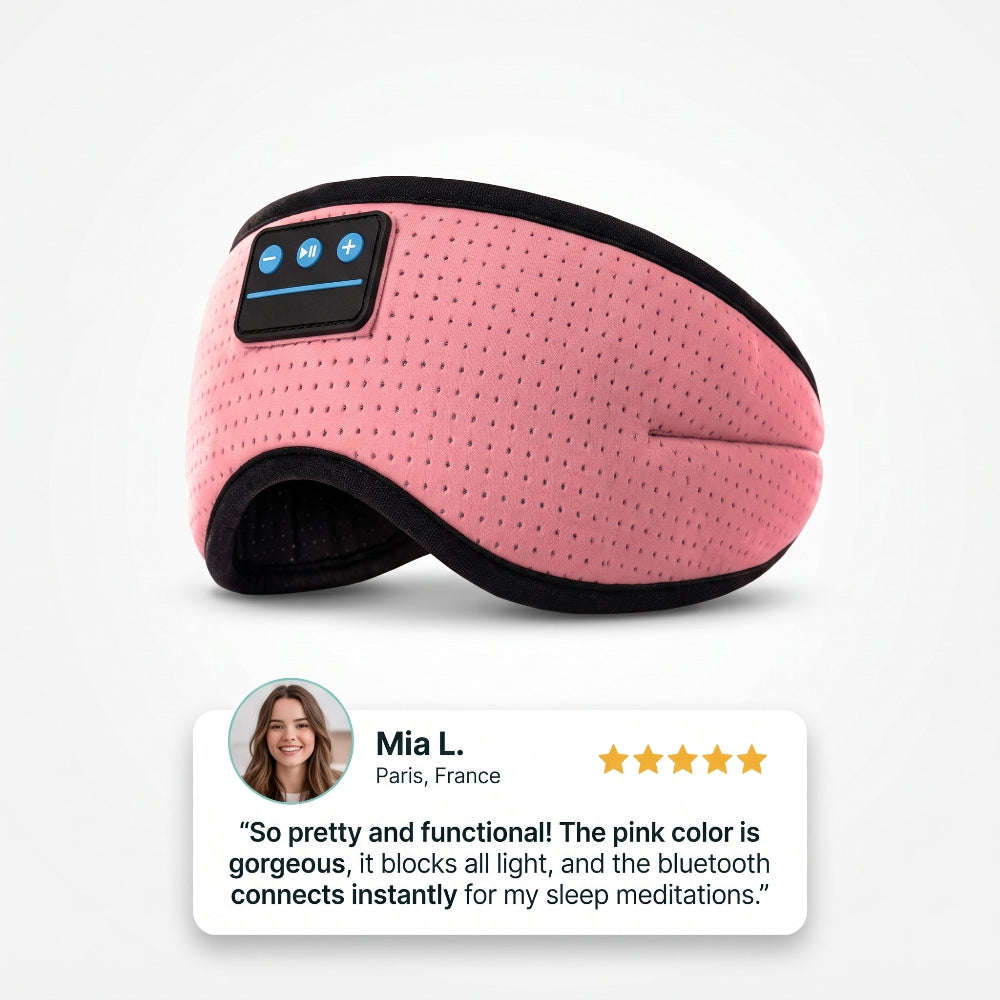 SENKOKU pink Bluetooth sleep mask with 5-star review from Mia L. praising total blackout and sleep meditations