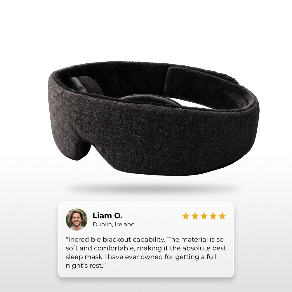 The Golden Standard:
SENKOKU dark grey sleep mask with 5-star customer review from Liam O. praising total blackout capability and comfort