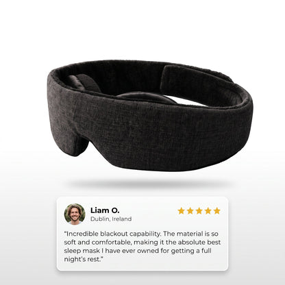 The Golden Standard:
SENKOKU dark grey sleep mask with 5-star customer review from Liam O. praising total blackout capability and comfort
