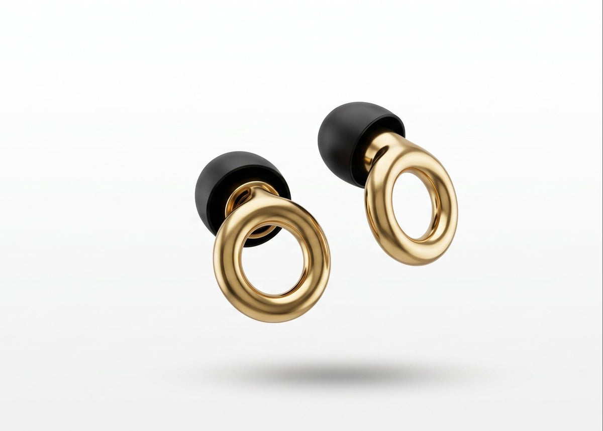 SENKOKU HALO acoustic noise-reduction earplugs in metallic Ring Gold with black tips