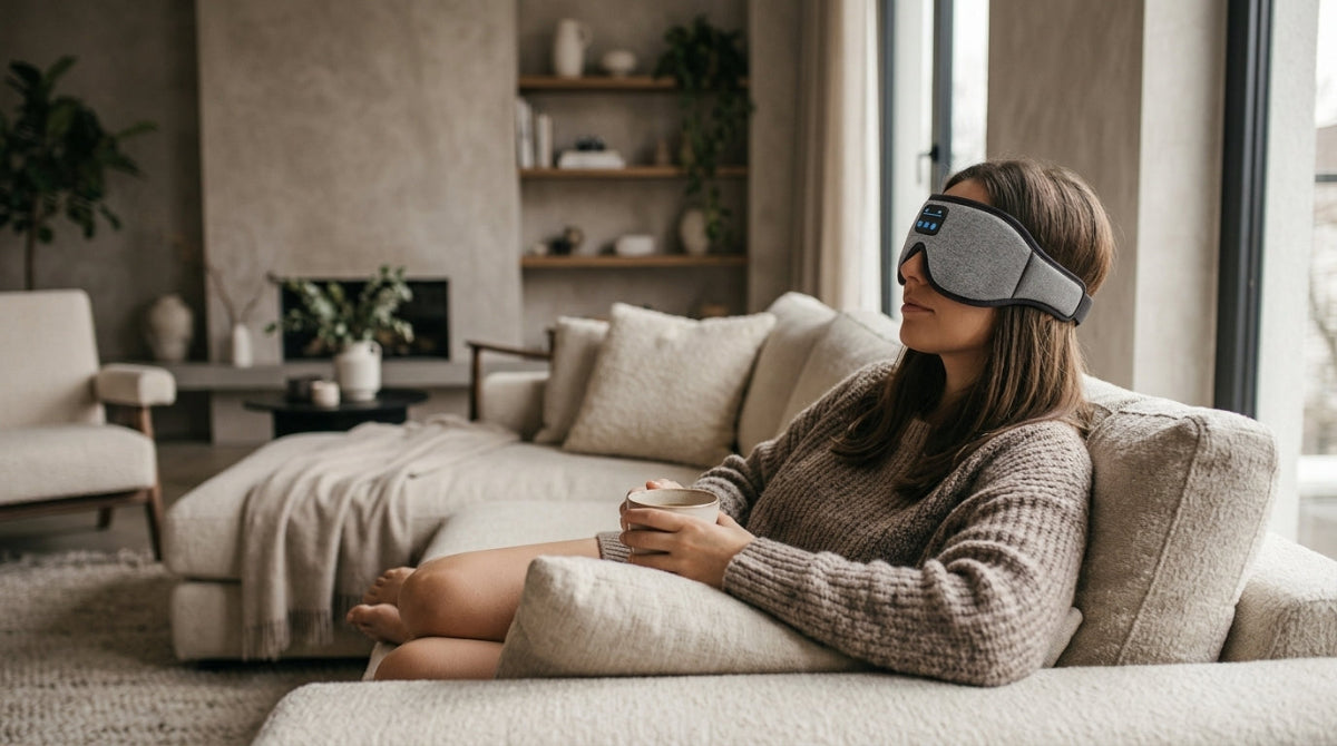 A woman wearing a gray eye mask relaxes on a beige sofa in a modern living room, holding a cup and wearing her comfortable eye sleeping mask.