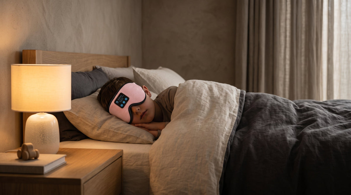 A person sleeping in bed wearing a pink sleep mask with a blue digital control panel, in a cozy bedroom setting with a bedside lamp and curtains.